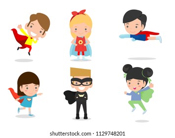 Cartoon vector illustration of Kid Superheroes wearing comics costumes,Kids With Superhero Costumes set, kids in Superhero costume characters isolated on white background, Cute little Superhero child