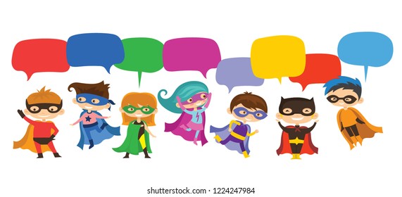 Cartoon vector illustration of Kid Superheroes wearing comics costumes and speech bubbles isolated on the white background.