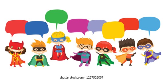 Cartoon vector illustration of Kid Superheroes wearing comics costumes and speech bubbles isolated on the white background.
