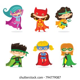 Cartoon vector illustration of Kid Superheroes wearing comics costumes isolated on the white background.