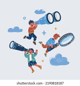 Cartoon vector illustration of kids make searching together. Boys and girl with binoculars, magnifying glass, telescope