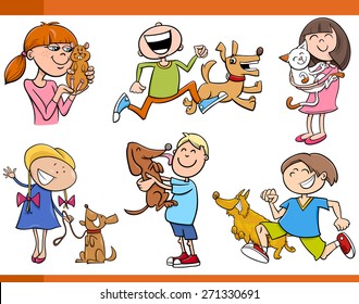 Cartoon Vector Illustration of Kids with Pets Characters Set