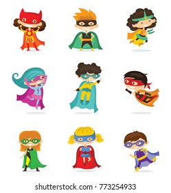 Cartoon vector illustration of Kids superheroes wearing comics costumes isolated on the white background.