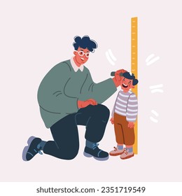 Cartoon vector illustration of Kindergarten teacher or father measuring boy kid height with painted graduations