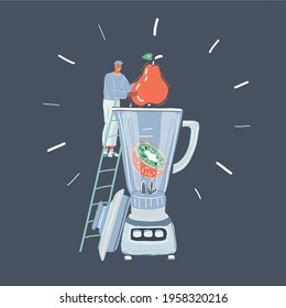 Cartoon vector illustration of Kitchen concept on dark background. Tiny man with big fruit and giant blender on dark background.