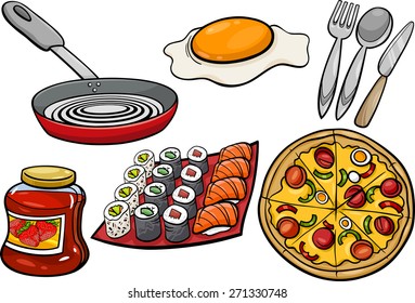 Cartoon Vector Illustration of Kitchen and Food Objects Clip Arts Set