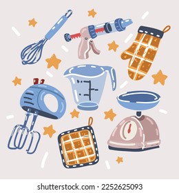 Cartoon vector illustration of Kitchen pastry tools set. Baking tools whisk for whipping, pastry syringe, oven mitt, mixer, measuring cup, kitchen scales over dark background
