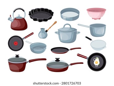 Cartoon vector illustration of kitchen pots, frying pans, a kettle, and baking molds. Large collection of cooking cookware items.