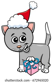 Cartoon Vector Illustration of Kitten Animal Character with Present on Christmas Time