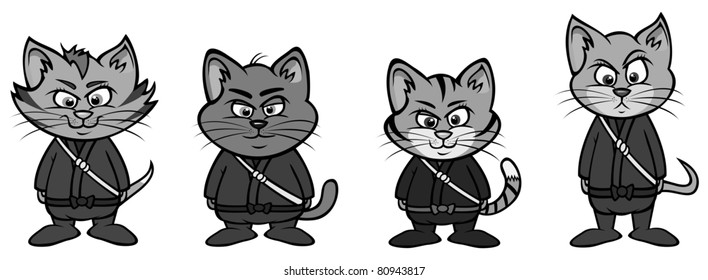 cartoon vector illustration of a kitten ninja lineup grayscale