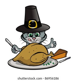 cartoon vector illustration of a kitten Thanksgiving