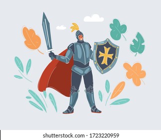 Cartoon vector illustration of a knight man with sword on white background.