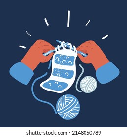 Cartoon vector illustration of knitting. Yarn and needles over dark backround.
