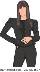 Cartoon vector illustration kpop idol dancer. Korean famous people performing in show. Idol group girl fashion model wearing black blazer. Asian beauty artist on stage. Female attending award.