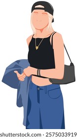 Cartoon vector illustration kpop idol dancer. Asian girl with reverse baseball cap. Idol group female fashion model wearing tanktop. Asian beauty model on vacation. Elegant woman in style.