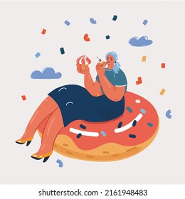 Cartoon Vector Illustration Of Lady Eating Cake Sitting At Big Giant Donut.