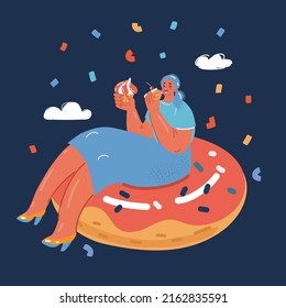 Cartoon vector illustration of lady eating cake sitting at big giant donut over dark backround. svg