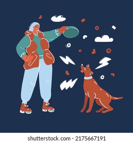 Cartoon vector illustration of lady play with her dog over dark background