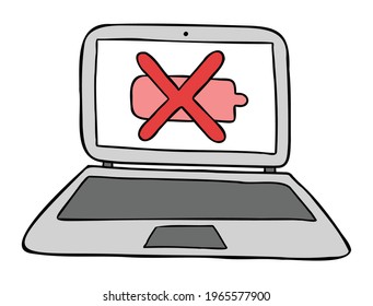 Cartoon vector illustration of laptop computer with dead battery. Colored and black outlines.