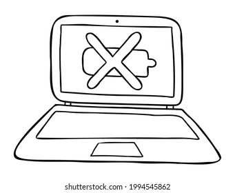 Cartoon vector illustration of laptop computer with dead battery. Black outlined and white colored.