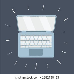 Cartoon vector illustration of laptop on dark background. Top view.