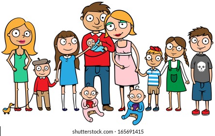 Cartoon Vector Illustration Of A Large Family With Many Children, Huge Family With Ten Kids