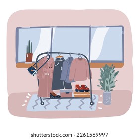 Cartoon vector illustration of Large wardrobe with different clothes, home stuff and shoes