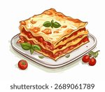 Cartoon vector illustration of lasagna, layered and golden brown. Topped with a garnish of fresh basil, on white plate with ripe cherry tomatoes. Italian cuisine for menus or food-related designs