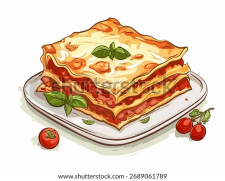 Cartoon vector illustration of lasagna, layered and golden brown. Topped with a garnish of fresh basil, on white plate with ripe cherry tomatoes. Italian cuisine for menus or food-related designs