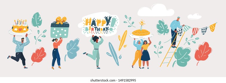 Cartoon vector illustration of Laughing and smiling people with gifts and cake. Happy birthday vector concept. People on birthday with gift and cake celebration. Human characters on white.