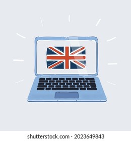 Cartoon vector illustration of Learn english concept. Uk flag on laptop screen. Isolated object on white background