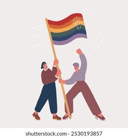 Cartoon vector illustration of lesbian women holding lgbt flag