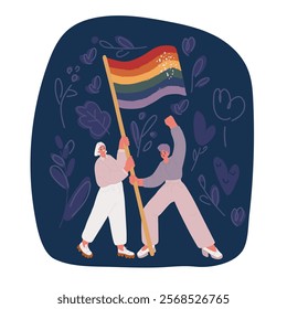 Cartoon vector illustration of lesbian women holding lgbt flag over dark backround