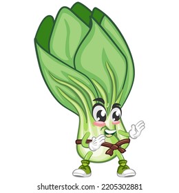 cartoon vector illustration of lettuce bok choy character practicing karate