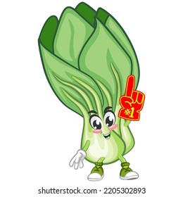 cartoon vector illustration of lettuce bok choy character holding up his foam finger