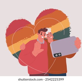 Cartoon vector illustration of lgbt Couple taking selfie from mobile camera. Man happy together