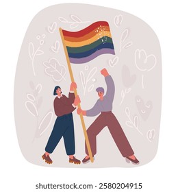 Cartoon vector illustration of LGBT group of young people celebrating gay pride day holding rainbow flag together. Homosexual community smiling taking cheerful self portrait. Lesbian couple friends