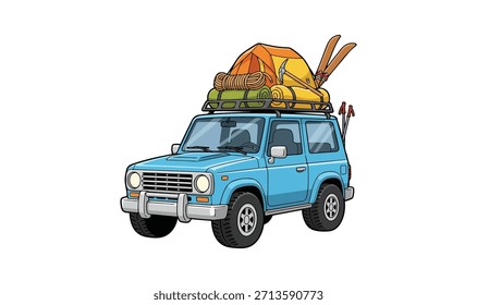 Cartoon vector illustration of a light blue off-road vehicle loaded with camping equipment, including a tent, rolled sleeping bags, and skis strapped to the roof rack, ready for an outdoor adventure.