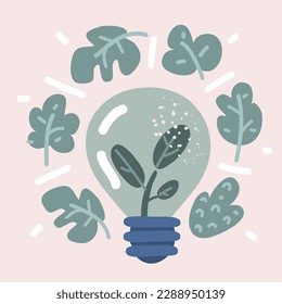 Cartoon vector illustration of Light Bulb and green plant sprout inside