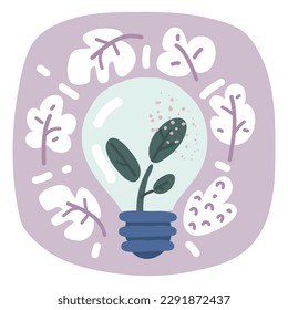 Cartoon vector illustration of Light Bulb with soil green plant sprout inside