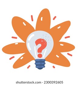 Cartoon vector illustration of Light bulb lamp icon with question mark inside.