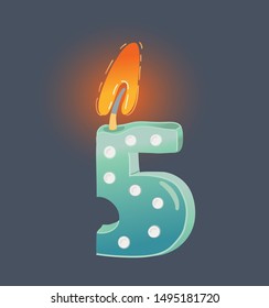 Cartoon vector illustration of lignited candle. Five number on dark background.