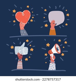 Ilustración vectorial de dibujos animados del botón Me gusta, burbuja de voz, megáfono y pulgar hacia arriba sosteniendo a mano sobre el fondo oscuro
