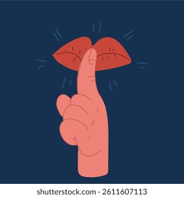 Cartoon vector illustration of lips with red lipstick and a finger showing hush and silence over dark background