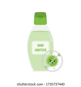 Cartoon vector illustration with liquid hand sanitizer gel helping to fight against bacterias, viruses.
