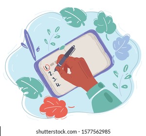 Cartoon vector illustration of a list of resolutions for starting new life. And human hand write in planner.