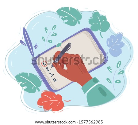 Cartoon vector illustration of a list of resolutions for starting new life. And human hand write in planner.