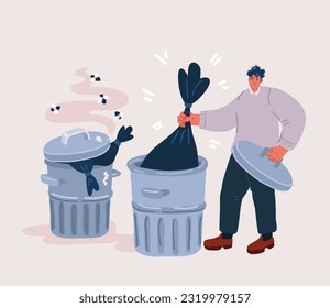 Cartoon vector illustration of Littering behavior. Man throwing out pack of garbage. Illustration of man disposing trash in container. Stinking Rubbish, littering