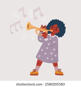 Cartoon vector illustration of little afro girl play trumpet