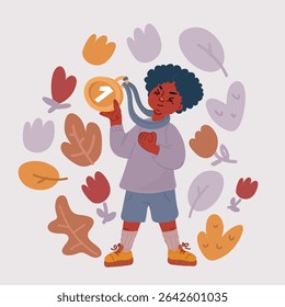 Ilustração vetorial de desenhos animados de criança afro pequeno segurando troféu e sentir-se feliz